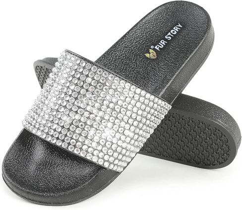 Fur Story Womens Slides House Slippers Rhinestone Glitter Slides Cute bling Flat for Women Platform Sandals Cozy Bedroom Slippers Shower Shoes in Saudi Arabia