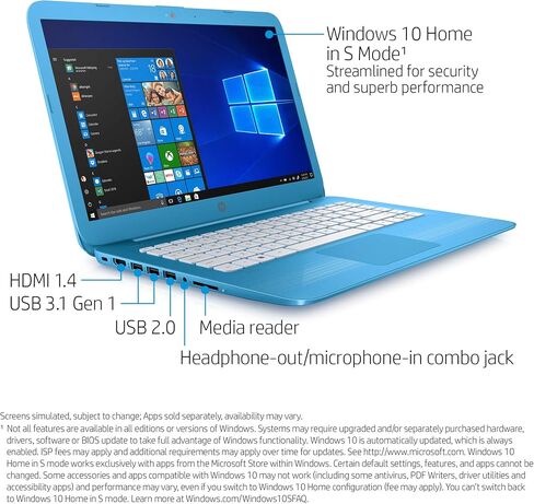 HP Stream 14-inch Laptop, Intel Celeron N3060 Processor, 4 GB SDRAM Memory, 32 GB eMMC storage, Windows 10 Home in S Mode with Office 365 Personal for one year (14-cb010nr, Aqua Blue) in Saudi Arabia