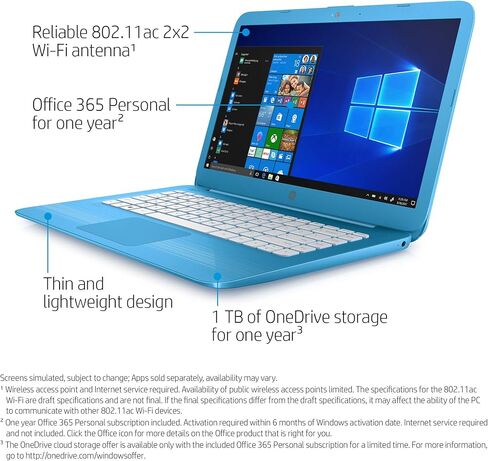 HP Stream 14-inch Laptop, Intel Celeron N3060 Processor, 4 GB SDRAM Memory, 32 GB eMMC storage, Windows 10 Home in S Mode with Office 365 Personal for one year (14-cb010nr, Aqua Blue) in Saudi Arabia