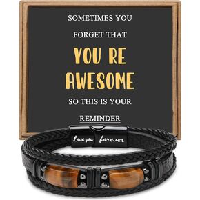 𝐔𝐧𝐢𝐪𝐮𝐞 𝐆𝐢𝐟𝐭𝐬 for Men 𝐋𝐞𝐚𝐭𝐡𝐞𝐫 𝐁𝐫𝐚𝐜𝐞𝐥𝐞𝐭 𝐟𝐨𝐫 𝐌𝐞𝐧 Dad Boyfriend Son Grandson Brother Love You Forever Tiger Eye Stone Father's Day Birthday Anniversary Christmas Black Jewelry 7.5/8.5/9 Inches