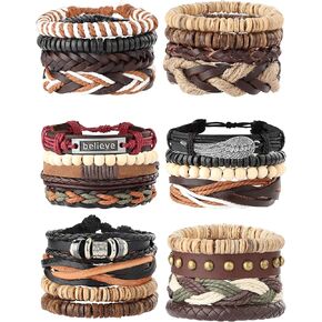 MILACOLATO 22-32 Pcs Woven Braided Leather Bracelet for Men Women Hemp Cords Wood Beads Cuff Bracelets Adjustable