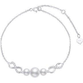 SISGEM 10k White Gold Created Moissanite and Freshwater Cultured Pearl Infinity Bracelet for Women, Real Gold Love Jewelry Gifts for Her, 6.8"-8.4" in Kuwait