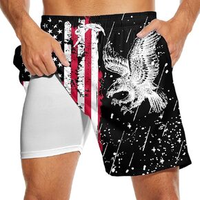 Partrest American Flag Men's Swim Trunks with Compression Liner USA Flag Swimming Trunks Board Shorts with Pocket Swim Shorts