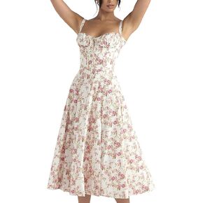 Women Floral Corset Dress, Boho Summer Spaghetti Straps Square Neck Casual Midi Dress Flowy Slit Bustier Dresses in Saudi Arabia
