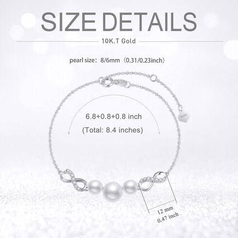 SISGEM 10k White Gold Created Moissanite and Freshwater Cultured Pearl Infinity Bracelet for Women, Real Gold Love Jewelry Gifts for Her, 6.8"-8.4" in Kuwait