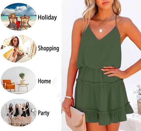 Newffr Womens V Neck Summer Dress Sleeveless Mini Dress Ruffle Dress Spaghetti Strap Racerback Sun Flowy Dress in Kuwait