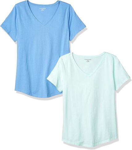 Amazon Essentials Women's Classic-Fit 100% Cotton Short-Sleeve V-Neck T-Shirt (Available in Plus Size), Pack of 2 in Kuwait