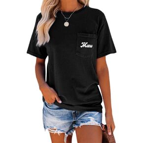 NIUBIA Women's Letter Print Basic Crew Neck Tee Summer Short Sleeve T-Shirt with Pockets Loose Fitting Tops