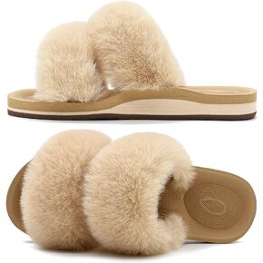 COFACE Fluff Womens Slippers Faux Fur Slip On Orthotic Slippers with Arch Support for Plantar Fasciitis Relief