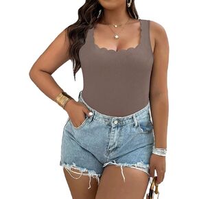 WDIRARA Women's Plus Size Scallop Trim Scoop Neck Sleeveless Tank Bodysuit in Saudi Arabia