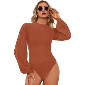 SweatyRocks Women's Mock Turtle Neck Bishop Sleeve Slim fit T Shirt Tops Bodysuit Jumpsuit