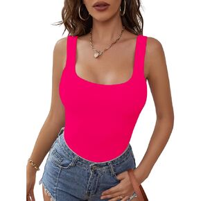 Abardsion Women's Sexy Sleeveless Strappy Square Neck Double Layer Basic Bodysuit Tank Tops