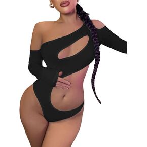 Floerns Women's Cut Out Asymmetrical Neck Long Sleeve T Shirt Bodysuit Tops
