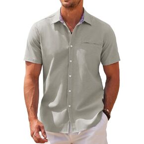 COOFANDY Men's Short Sleeve Oxford Dress Shirt Chambray Button Down Work Shirt Casual Plaid Collar Shirts