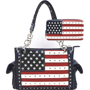 American Flag USA Stars and Stripes Patriotic Leather Purse Women Rhinestone Country Handbag Wallet Set Red White and Blue