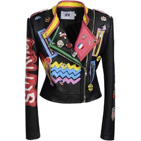 Fashion SX Women's Punk Floral Embroidered short Faux Leather Jacket Moto PU Coat