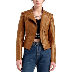 FHQueen Women's Faux Leather Jacket Varsity Moto Biker Bomber Jackets Casual Lightweight Outerwear Short Coats