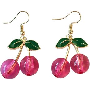 Lovely Handmade Cherry Food Fruit Drop Earring for Women Girl Teen 14K Gold Plated Lightweight Sweet Fruit Leaf Statement Dangle Earring Friendship Jewelry Birthday Gift