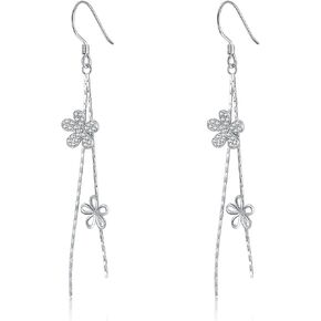 SLUYNZ Sterling Silver CZ Flower Dangle Earrings Chain for Women Teen Girls Flower Drop Earrings Wedding Tassel in Saudi Arabia