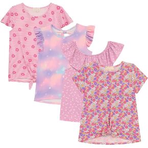 BTween Girls 4pc Back to School Fashion Tops, Short Sleeve T-Shirt, Casual Daily Shirt for Kids - Assorted Colors