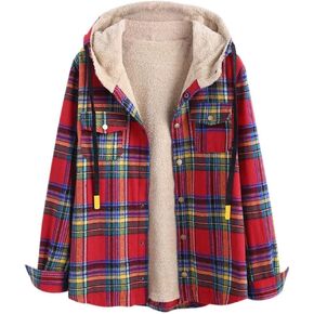 ZAFUL Women's Plaid Fleece Lined Hooded Jacket Button Up Oversized Fuzzy Coat Checkered Flannel Hoodie Jacket in Saudi Arabia