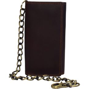Swiss Marshall Men's RFID Signal Blocking Biker's Vintage Brown Leather Long Tri-fold Chain Checkbook Card ID Wallet