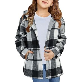 Girls Cute Flannel Plaid Button Down Top with Pockets Long Sleeve Hooded Jacket in Saudi Arabia