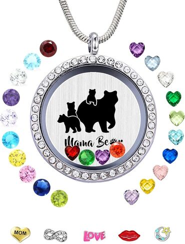 Mom Necklace Pendant Sweet Mama Bear Floating Locket with 24Pcs Birthstones & Charms for Women Girls, Gift for Mother in Saudi Arabia