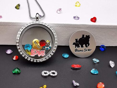 Mom Necklace Pendant Sweet Mama Bear Floating Locket with 24Pcs Birthstones & Charms for Women Girls, Gift for Mother in Saudi Arabia