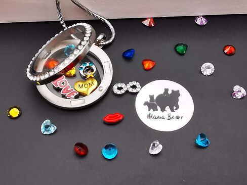 Mom Necklace Pendant Sweet Mama Bear Floating Locket with 24Pcs Birthstones & Charms for Women Girls, Gift for Mother in Saudi Arabia