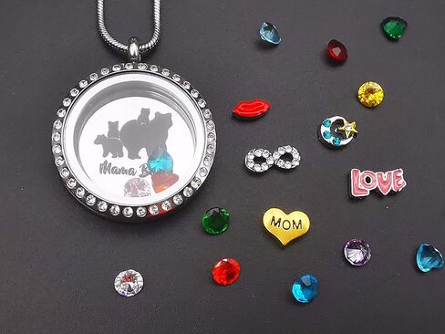 Mom Necklace Pendant Sweet Mama Bear Floating Locket with 24Pcs Birthstones & Charms for Women Girls, Gift for Mother in Saudi Arabia