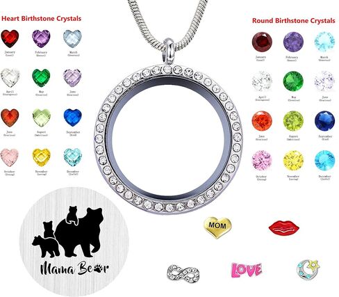 Mom Necklace Pendant Sweet Mama Bear Floating Locket with 24Pcs Birthstones & Charms for Women Girls, Gift for Mother in Saudi Arabia