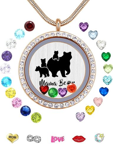 Mom Necklace Pendant Sweet Mama Bear Floating Locket with 24Pcs Birthstones & Charms for Women Girls, Gift for Mother in Saudi Arabia