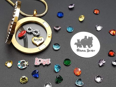 Mom Necklace Pendant Sweet Mama Bear Floating Locket with 24Pcs Birthstones & Charms for Women Girls, Gift for Mother in Saudi Arabia