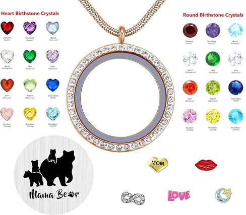 Mom Necklace Pendant Sweet Mama Bear Floating Locket with 24Pcs Birthstones & Charms for Women Girls, Gift for Mother in Saudi Arabia