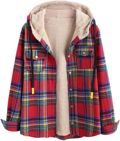 ZAFUL Women's Plaid Fleece Lined Hooded Jacket Button Up Oversized Fuzzy Coat Checkered Flannel Hoodie Jacket in Saudi Arabia