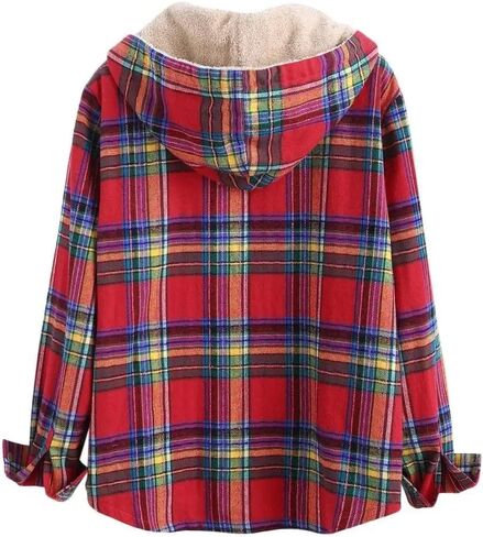ZAFUL Women's Plaid Fleece Lined Hooded Jacket Button Up Oversized Fuzzy Coat Checkered Flannel Hoodie Jacket in Saudi Arabia