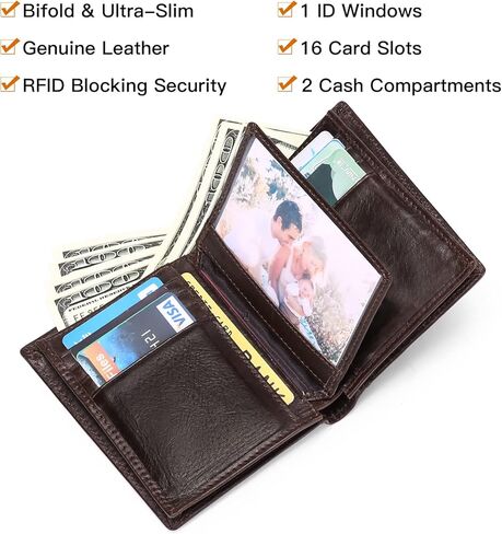 GOIACII Wallets for Men Large Capacity Genuine Leather RFID Bifold Men Wallet/Credit Card Holder with ID Window in Kuwait