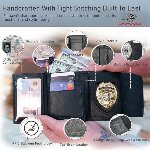 محفظة شارة شرطة Winchester ثنائية الطي RFID Blocking جلد طبيعي محبب بالكامل، تناسب أي شكل شارة مع دبوس الظهر، أسود, أسود, Bifold in Kuwait
