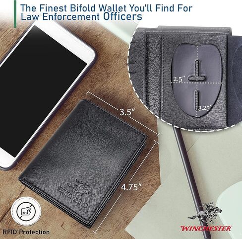 محفظة شارة شرطة Winchester ثنائية الطي RFID Blocking جلد طبيعي محبب بالكامل، تناسب أي شكل شارة مع دبوس الظهر، أسود, أسود, Bifold in Kuwait
