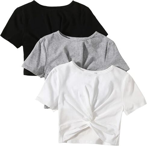 SHENHE Girl's 3 Piece Twist Front Short Sleeve Crewneck Cropped T Shirt Crop Tops in Saudi Arabia