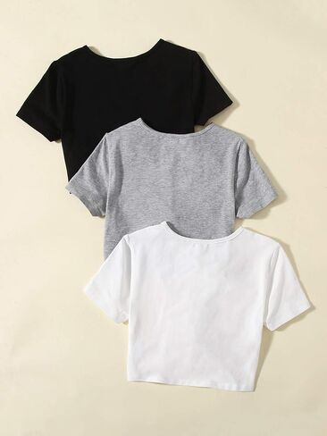 SHENHE Girl's 3 Piece Twist Front Short Sleeve Crewneck Cropped T Shirt Crop Tops in Saudi Arabia