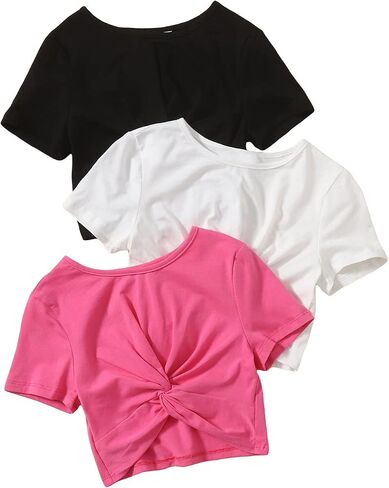 SHENHE Girl's 3 Piece Twist Front Short Sleeve Crewneck Cropped T Shirt Crop Tops in Saudi Arabia
