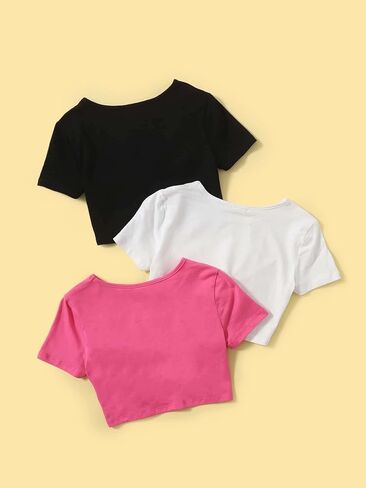 SHENHE Girl's 3 Piece Twist Front Short Sleeve Crewneck Cropped T Shirt Crop Tops in Saudi Arabia