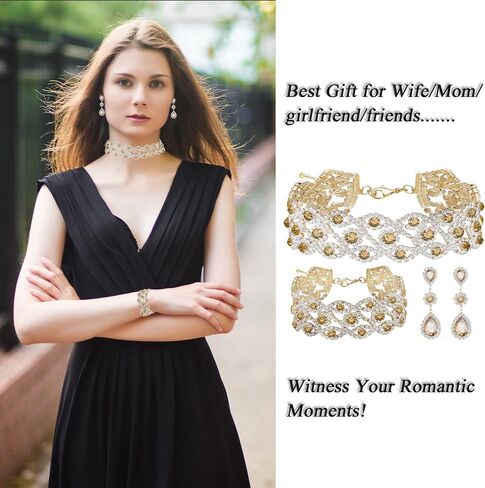 Paxuan Women Rhinestone Crystal Wedding Bridal Choker Necklace Earrings Bracelet Jewelry Sets in Saudi Arabia