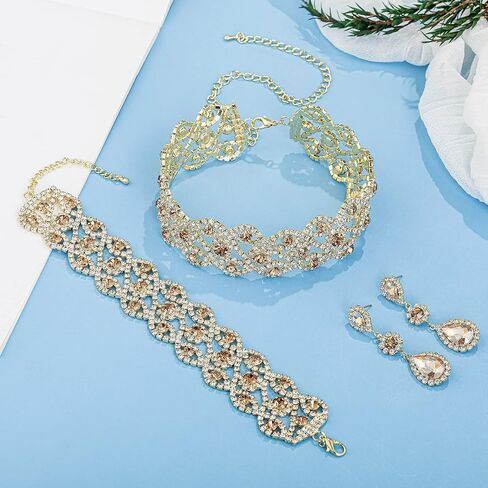 Paxuan Women Rhinestone Crystal Wedding Bridal Choker Necklace Earrings Bracelet Jewelry Sets in Saudi Arabia