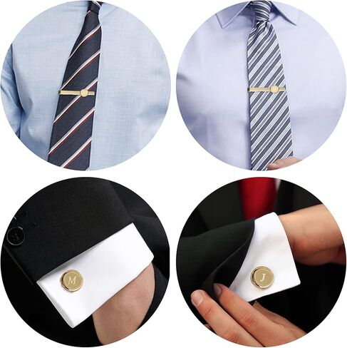 مجموعة أزرار أكمام ومشابك ربطات عنق أولية من Helicopchain للرجال قميص شخصي وأزرار أكمام ذهبية وشريط ربطات عنق حرف أبجدي من الألف إلى الياء مع صندوق هدايا لزوج العريس والزفاف in Kuwait