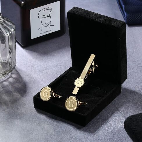 مجموعة أزرار أكمام ومشابك ربطات عنق أولية من Helicopchain للرجال قميص شخصي وأزرار أكمام ذهبية وشريط ربطات عنق حرف أبجدي من الألف إلى الياء مع صندوق هدايا لزوج العريس والزفاف in Kuwait