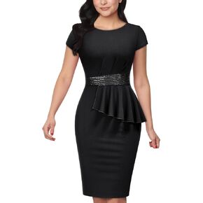 Knitee Women's Vintage Ruffle Peplum Sequin Glitter Belt Work Business Office Bodycon Cocktail Dress