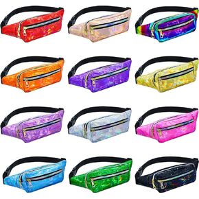 12 Pieces Holographic Fanny Packs for Women Kids, Metallic Color Sport Waistbags Shiny Waist Pack with Adjustable Belts for 80s Rave Outdoor Activities (Chic Style)